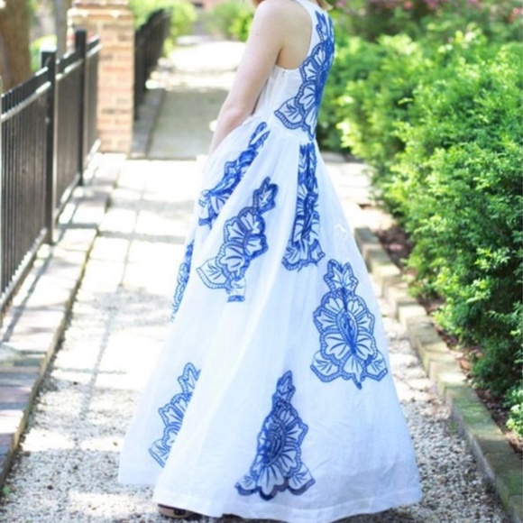 Anthropologie Dresses & Skirts - Anthropologie HD in Paris Maxi Dress White with Embroidered Blue Flowers - L